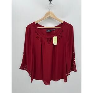 Maeve Blouse Women 8 Red Cut Out 3/4 Sleeve Sheer Lightweight Romantic NWT